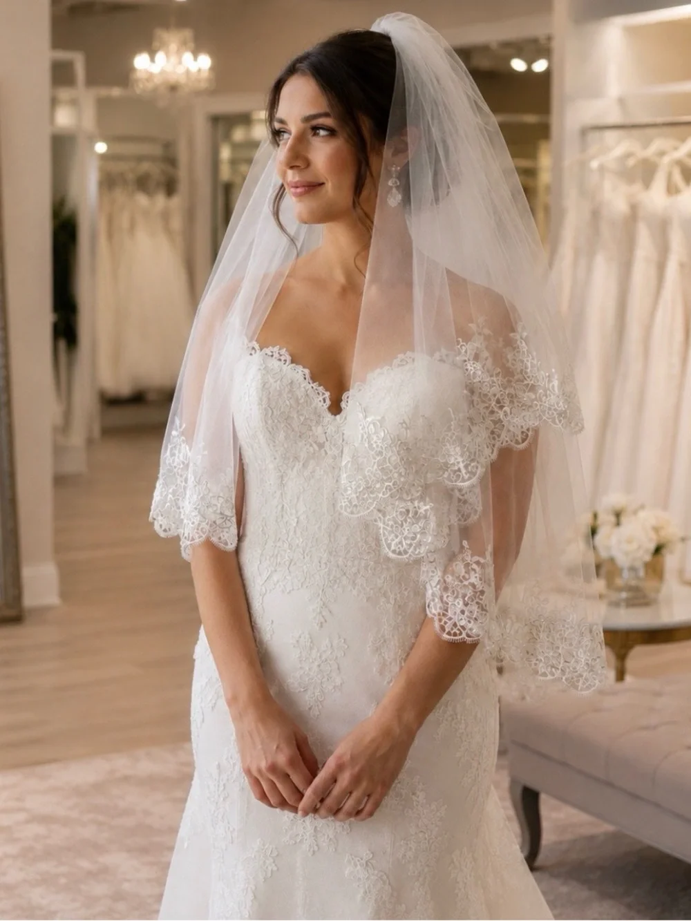 Lace-Edged Bridal Veil in White